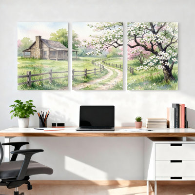«Countryside Cabin Spring Blossom Landscape», reproduction d'art sur toile tendue sur toile, ensemble de 3