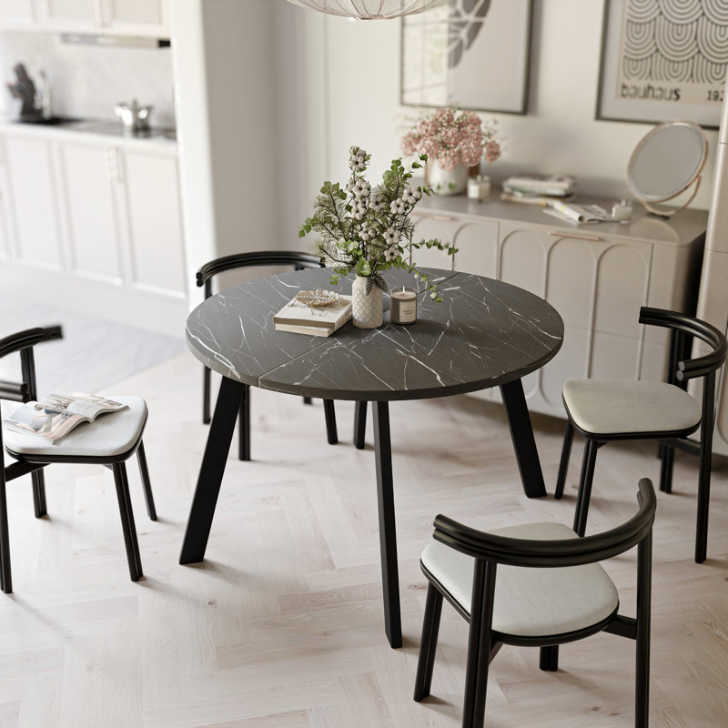 Extendable Round Dining Table, Black, Grigia Pietra