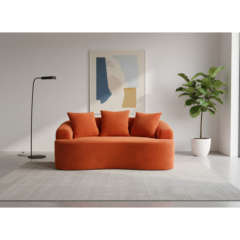 65,43 po incurvé, velours côtelé orange rouge, coussins à ressorts ensachés, 3 coussins décoratifs, petit espace en velours côtelé à récupération rapide