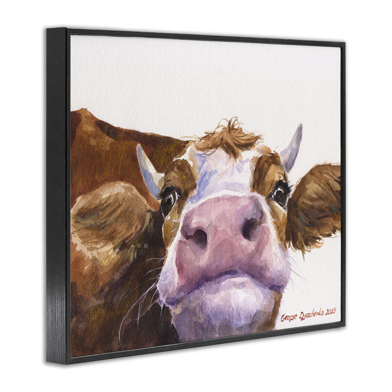 Vache mignonne en gros plan, estampe numérique, conception de George Dyachenko, Giclée encadrée noir minuit