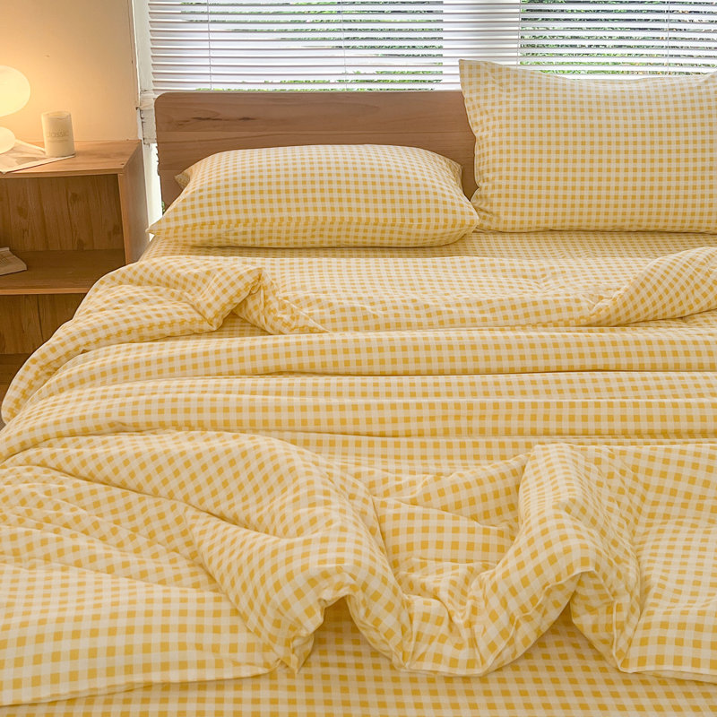 Ensemble d'édredon en microfibre prélavée Gingham, Vichy jaune à carreaux jaunes, Édredon grand et 2 taies d'oreiller
