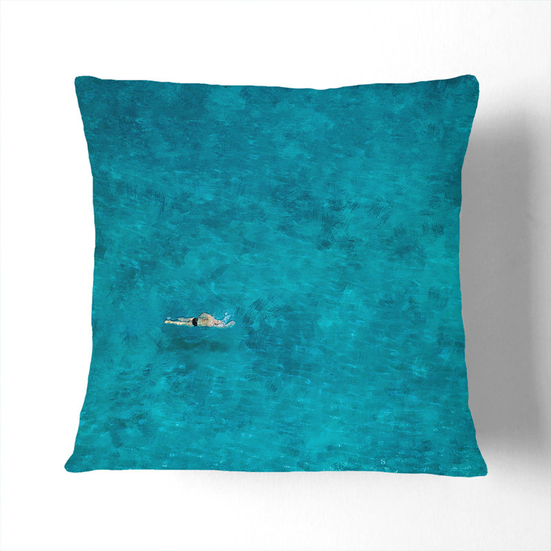 Swimmer In The Sea Painting Square Throw Cushion, White, 55cm H x 55cm W x 20cm D