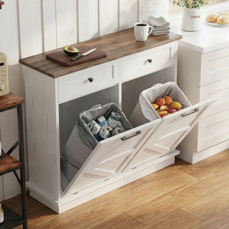 Armoire à poubelle double inclinable avec 2 tiroirs de rangement, résistant aux odeurs et aux animaux de compagnie pour la cuisine, la buanderie et le salon