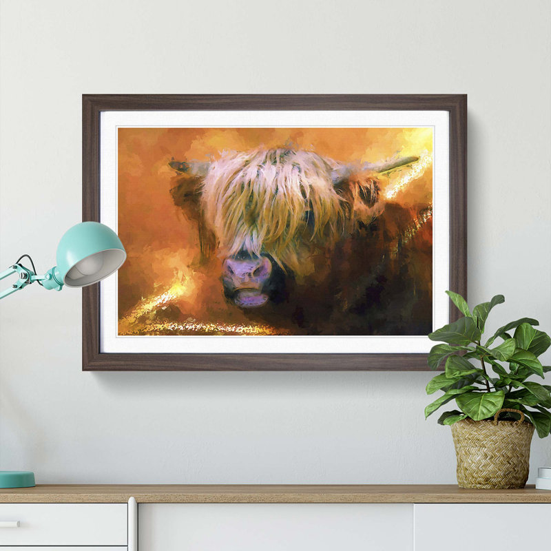 Portrait of a Highland Cow in Abstract - Picture Frame Painting Print, 50cm H x 76cm W x 2cm D, Walnut