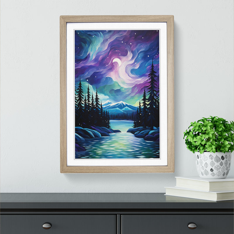 Northern Lights Abstract No.2 - Single Picture Frame Print on Wood, Oak, 64cm H x 46cm W x 2cm D