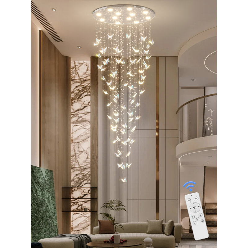 Drianna W32X100'' Large Crystal Butterfly Chandelier Long Staircase Ceiling Chandelier With 12 LED Bulb 3000-6000k Lighting