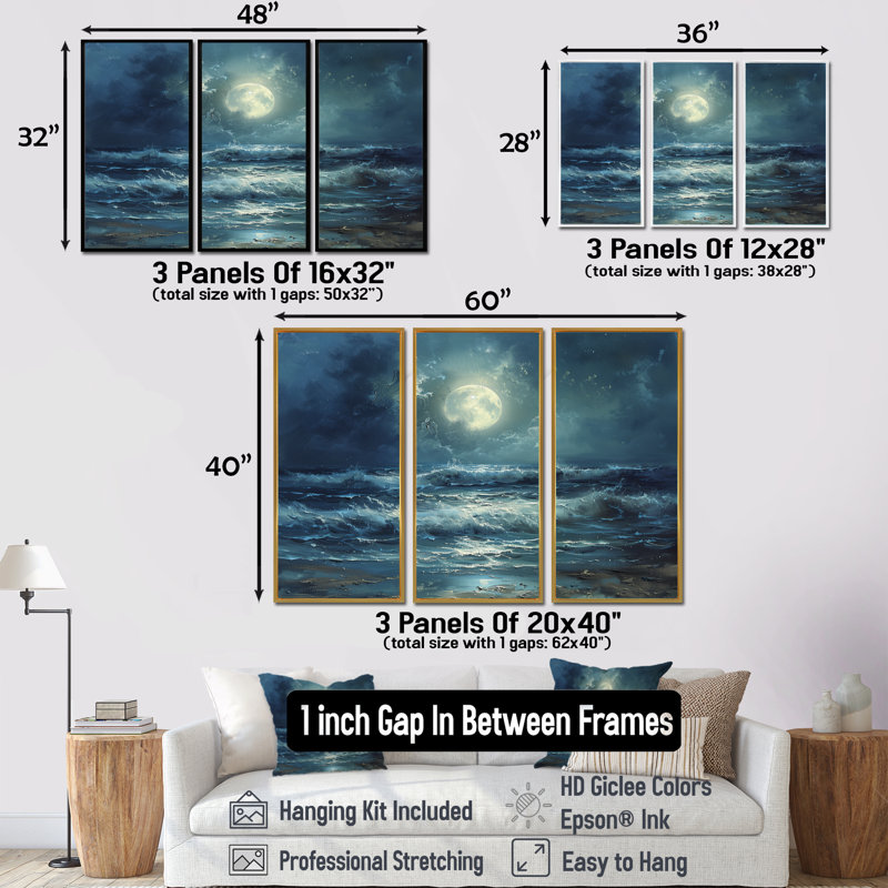 Ensemble de décorations murales vagues blanches et bleues, Toile argentée avec cadre flottant, H 40 po x l 60 po x P 1 po
