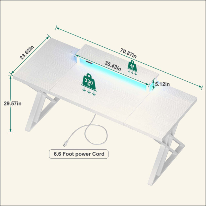 Thick Desktop Gaming Desk With USB Charging, LED Light Strip, Monitor Riser, And Sturdy X-Frame For Modern Home Office, White