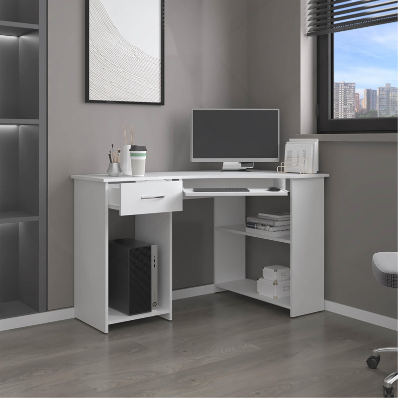 Bureau en coin en forme de L avec deux tablettes latérales peu encombrantes, blanc