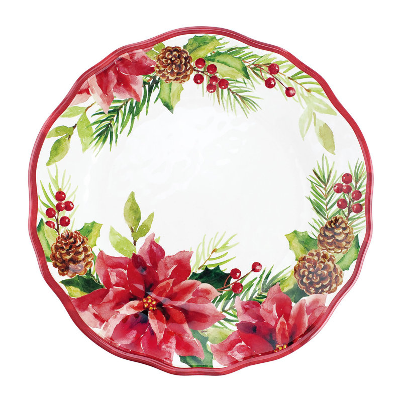 Poinsettia and Pinecone Melamine Christmas Dinner Plates, Set of 6