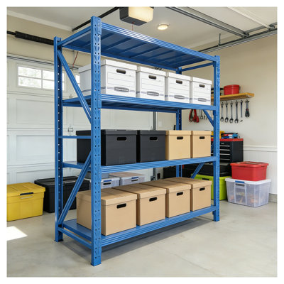 Étagère de garage bleue à 4 niveaux en métal robuste, support de rangement industriel réglable pour la maison et l'entrepôt