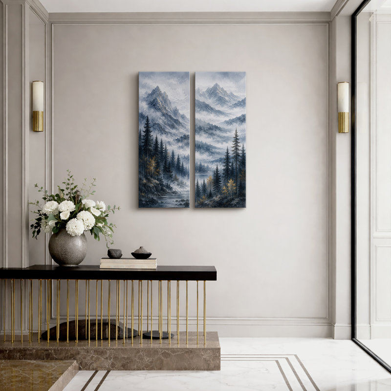 Forêt de pins brumeuse des montagnes bleues et grises – Ensemble de 2 impressions d'art encadrées sur toile 32 po x 12 po x 2