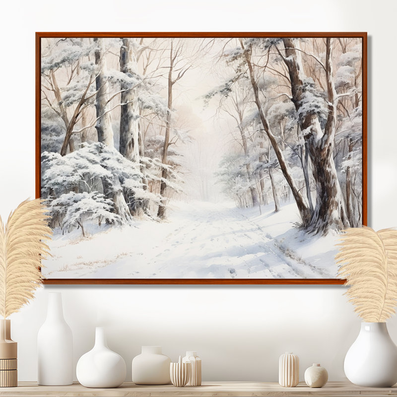 Hiver, forêt, charme de neige, paysage - neige, art mural, H 30 po x l 40 po x P 1,5 po, Cadre flottant brun
