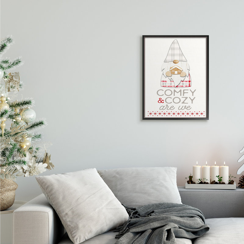 Gnome de Noël à carreaux rouge confortable et confortable, H 20 po x l 16 po, Giclée encadrée noir minuit