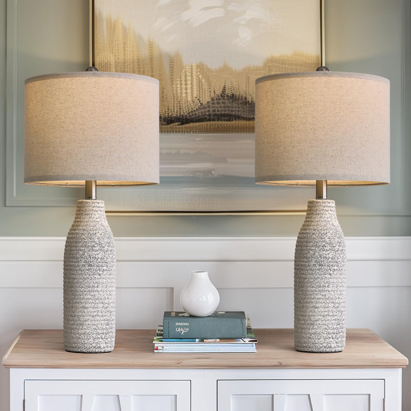 Set Of 2 Modern Ceramic Table Lamps, 25 Inch Bedside Lamps With Rotary Switch, Stylish Gray And White Lamps For Living Room Or Bedroom Night Stands