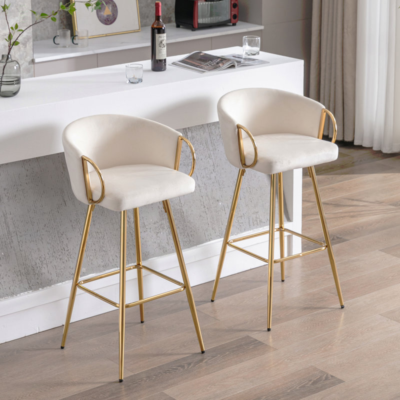 Ensemble de 30 tabourets de bar de 30 pouces avec repose-pieds chromé et base en velours + tabouret de bar simple Golden Leg, crème