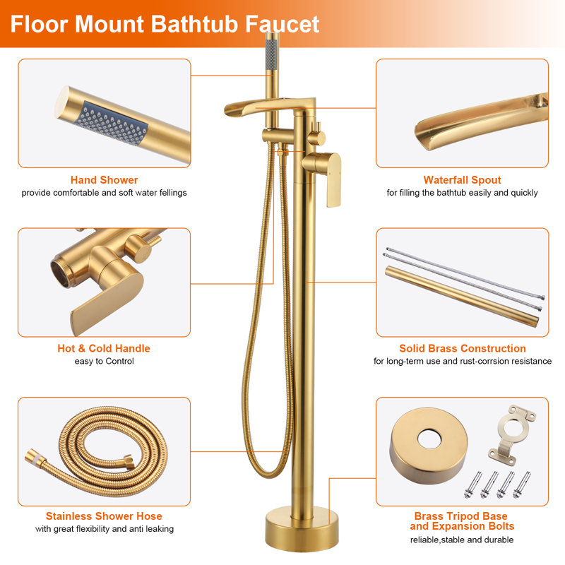 Single-Handle Floor-Mounted Tub Filler With Waterfall Spout And Hand Shower, Gold