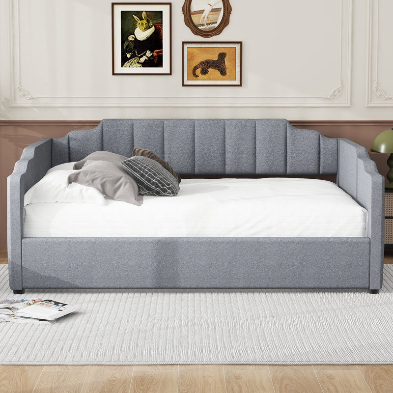 Lit de jour rembourré avec rangement inférieur, double, gris, Gris