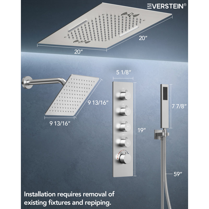 Music Thermostatic Shower Faucet,Dual 20" Showerheads System with LED Mood Lighting, Brushed Nickel