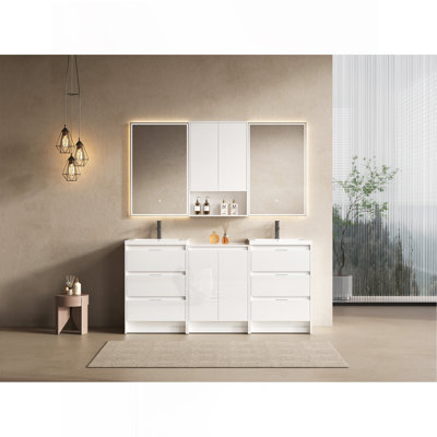 Meuble-lavabo autoportant 72 po avec lavabo en résine, 1 armoire de rangement et 1 armoire murale, tiroirs et porte à fermeture en douceur, blanc brillant, contreplaqué (KD-Packing)