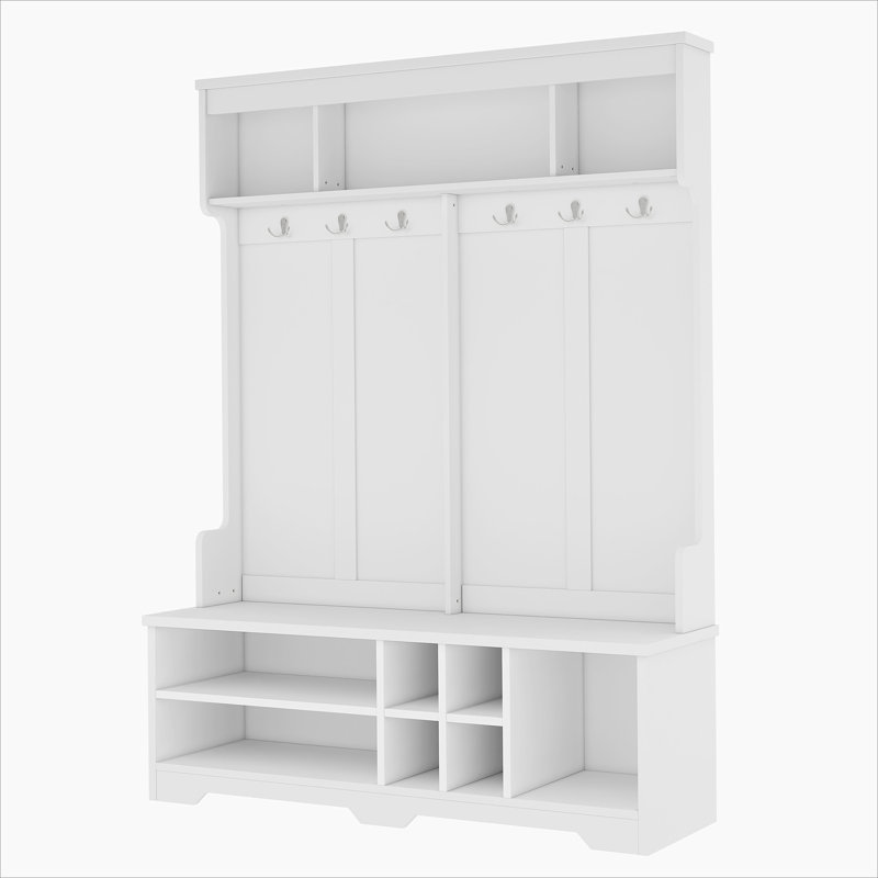 Modern Hallway Hall Tree with Metal Hooks and Storage Space, Multi-Functional Entryway Coat Rack with Shoe Cubbies, White