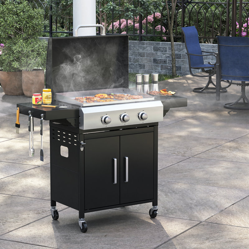 Barbecue au gaz et plaque chauffante avec tablettes latérales