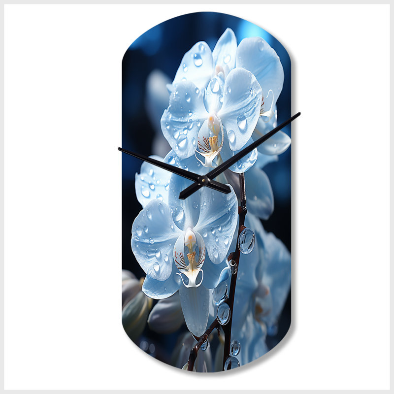 Horloge murale cylindrique bleue et orchidées nacrées, Grand