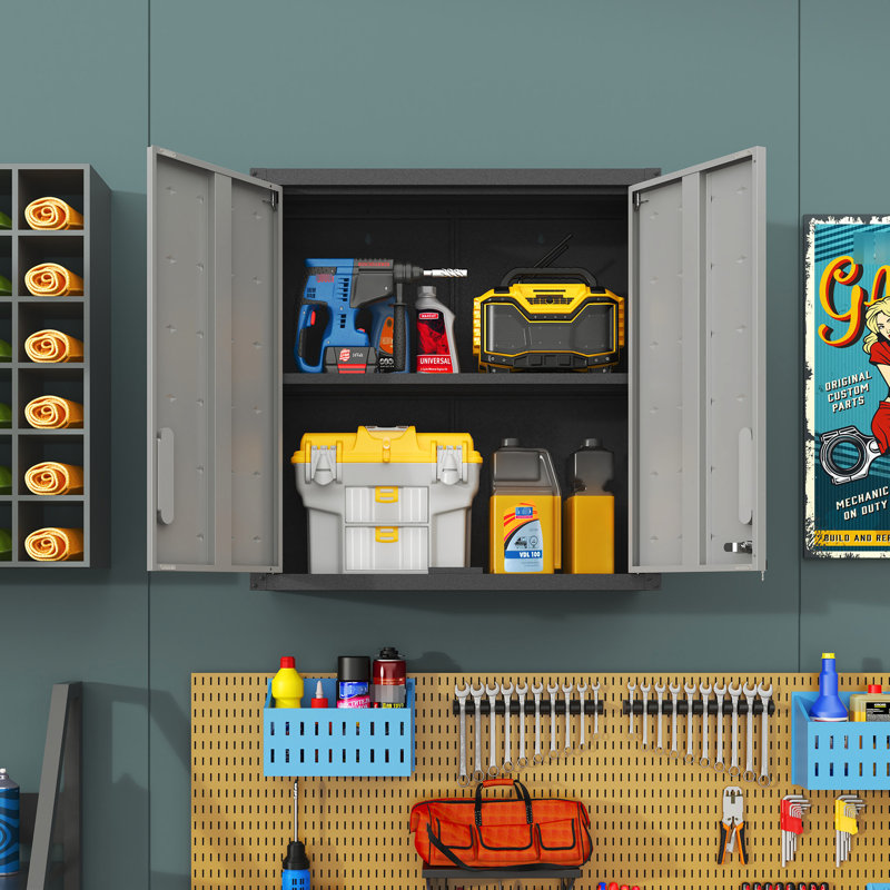 Black + Gray Metal Wall Cabinet With Lock And Adjustable Shelf For Garage, Office Setup Locking Door Garage Space