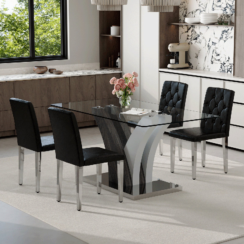 Ensemble de table de salle à manger de 63 po pour 4 personnes, comprenant un plateau en verre et des chaises en cuir. Cet ensemble de salle à manger en verre de 5 pièces convient aux maisons, aux restaurants et aux espaces de bureau.
