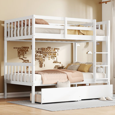 Twin Over Twin Rubber Wood Bunk Bed with Drawers, Convertible into 2 Twin Beds, Ladder & Safety Guardrails,White