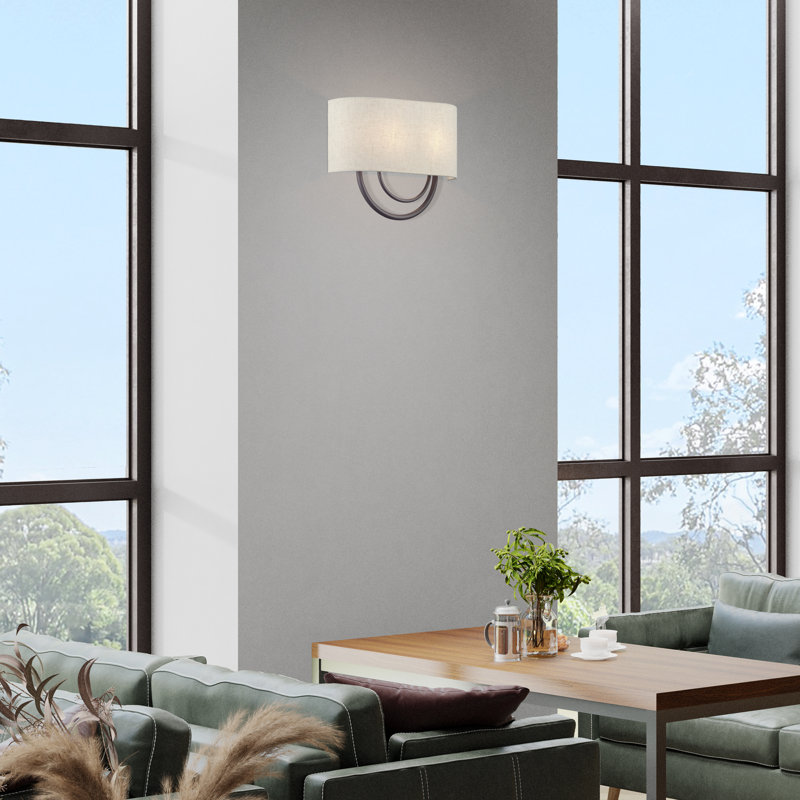 Grande applique dorée 2 lumières ADA avec abat-jour en tissu avoine fabriqué à la main avec tissu blanc à l'intérieur