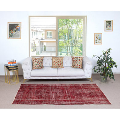 Tapis rouge en laine délavé à la main 3,8 x 8 pi. Tapis turc rétro pour le salon