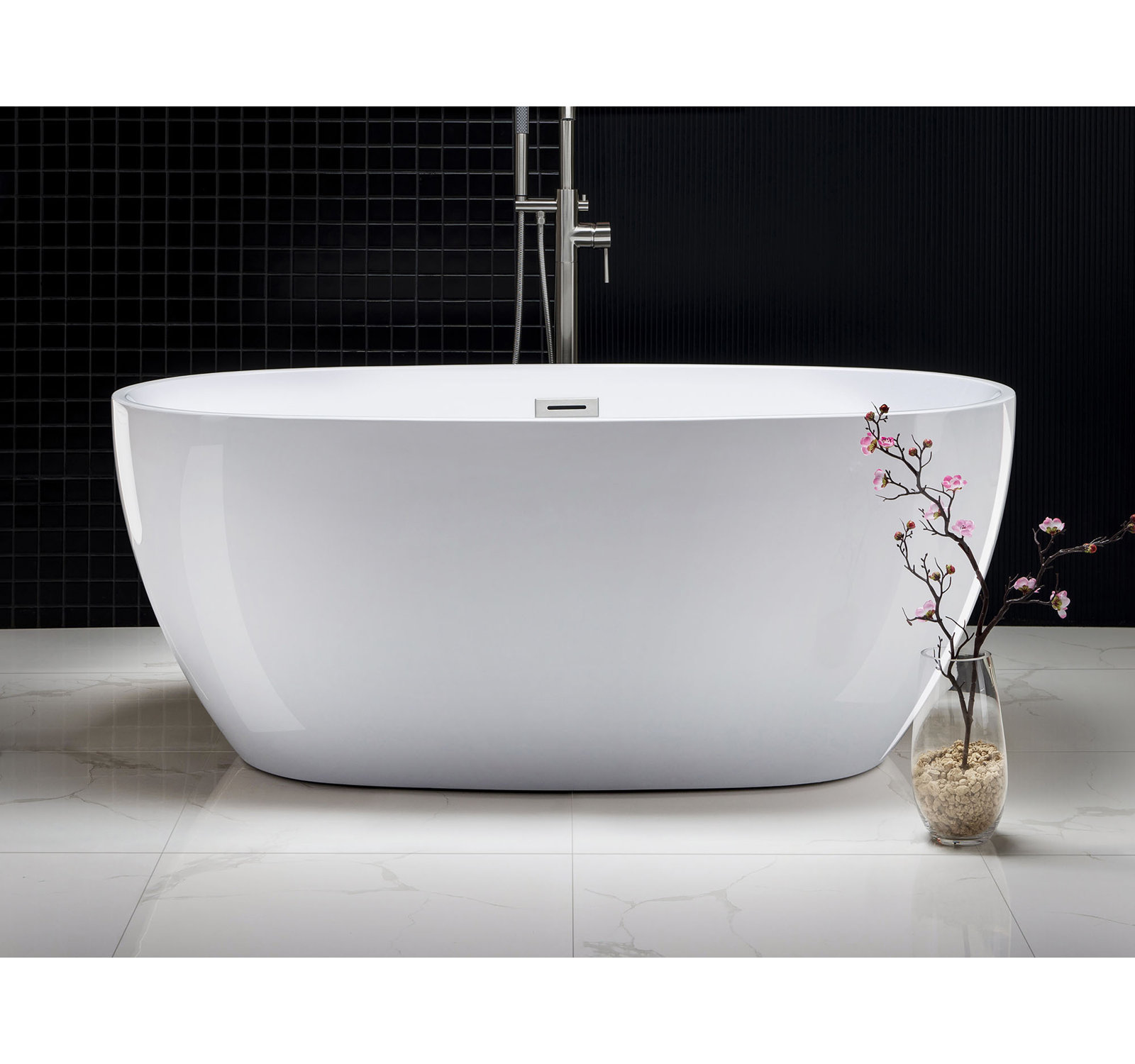 Ember 59" Freestanding Soaking Acrylic Bathtub, Brushed Nickel, White