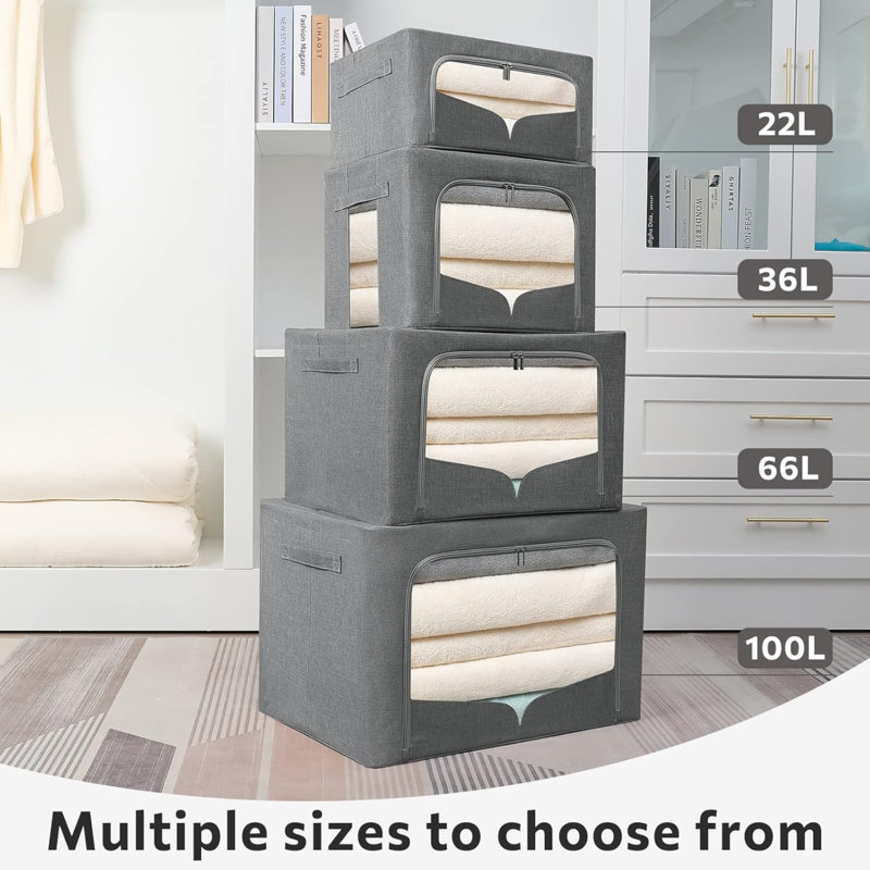 Ensemble de 3 bacs de rangement pour vêtements, boîte de rangement pliable en métal, ensemble de rangement en tissu empilable avec poignées de transport et fenêtre transparente