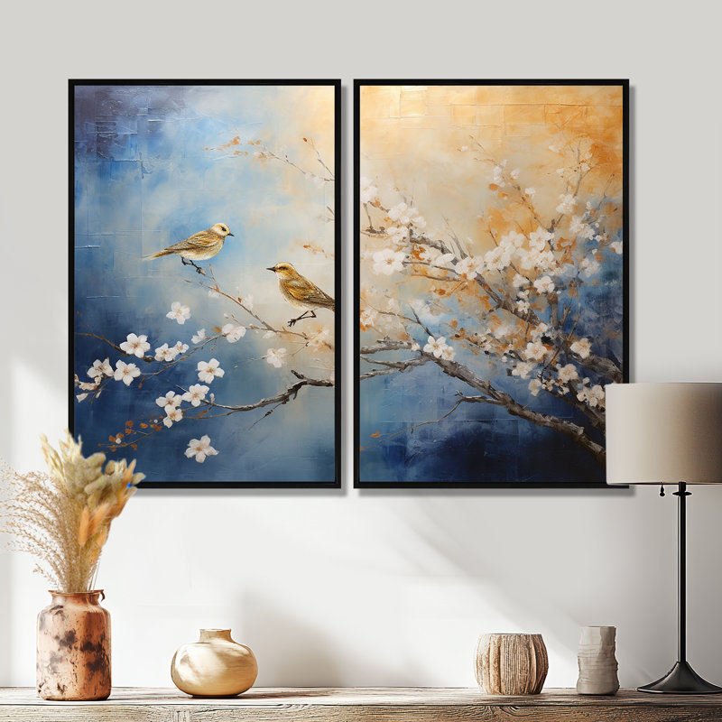 Or doré et bleu sur un arbre floral - art mural moderne, H 36 po x l 48 po, Impression encadrée flottante, Noir