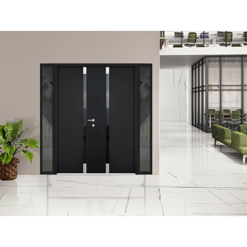 Porte d'entrée extérieure double prémontée en aluminium Cynex 6777, verre clair miroir noir, style moderne, peinte (L 183 x H 203 cm), ouverture à droite vers l'intérieur