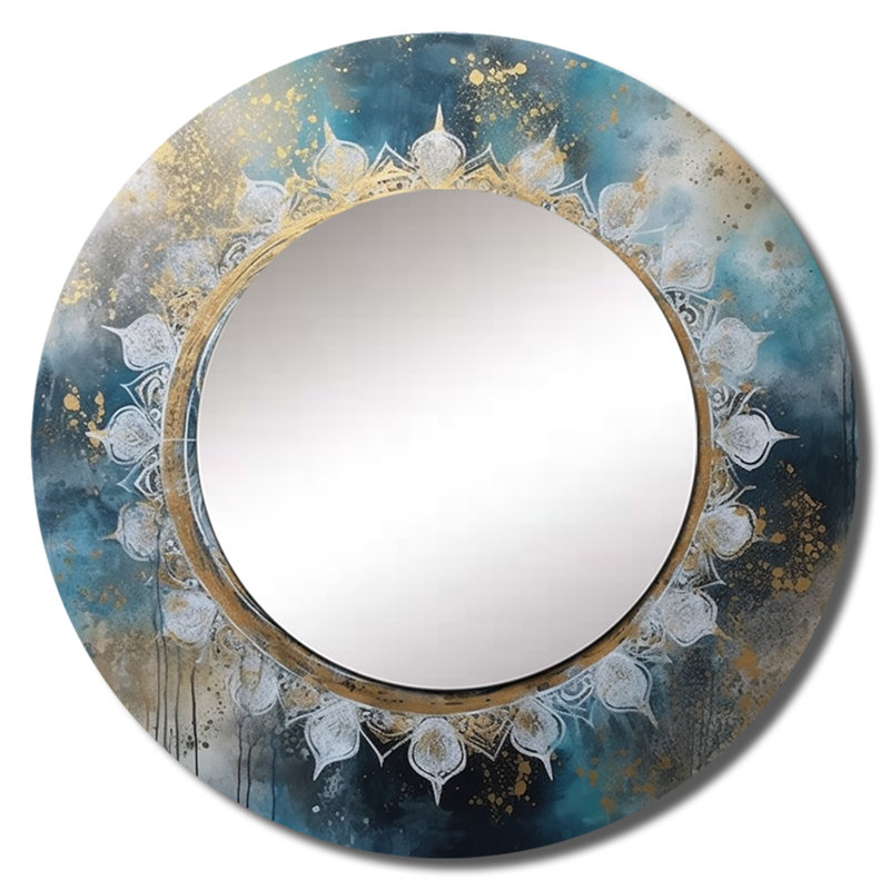 Miroir boho Mandala III bleu sarcelle et doré d'Ontje, miroir mural rond traditionnel traditionnel, art imprimé en métal