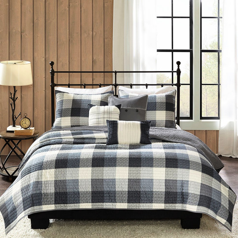 Courtepointe 6 pièces avec imprimé à chevrons gris, taille double / grand, accents écossais Buffalo, décor de chambre à coucher confortable et élégant, lavable à la machine, pièces, motif, oreillers décoratifs de charme chaleureux inclus