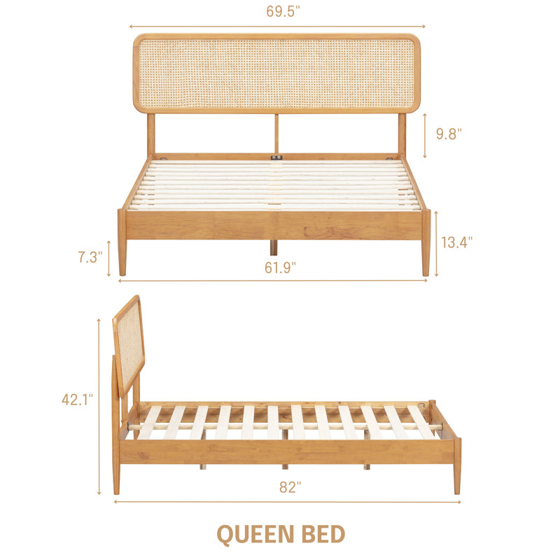 NTC Lupin Wooden Bed Frame with Headboard and Natural Rattan, Solid Oak/Rubber Wood Foundation with Silent Slats, 1000 Lb Capacity, Effortless Assembly