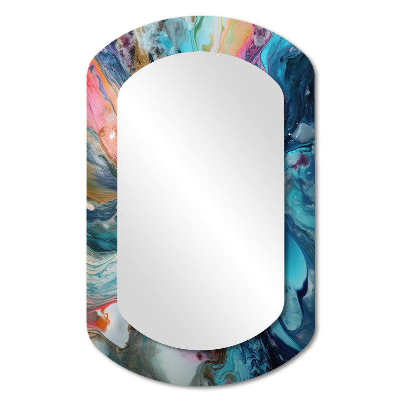 Deen Teal Pink Aqua Symphony - Abstract Asymmetrical Large Wall Mirror, Modern Cylinder Unique Mirror, Printed Metal Art