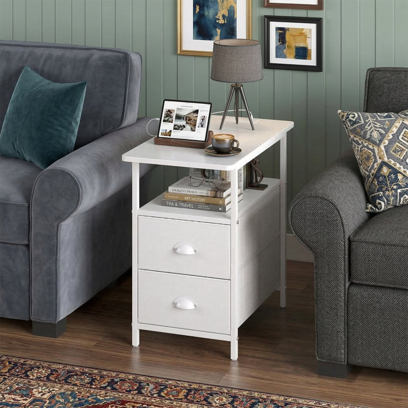 11.75" Narrow End Table With Charging Station - Slim Side Table With 2 Fabric Drawers & USB Ports - White Nightstand For Small Spaces