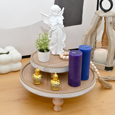 Rustic Set Of 2 Round Wood Tray Riser Farmhouse Pedestal Stand With Beaded Edge For Decor Wooden Finish Cupcake Display For Cakes And Decorative Items 11.8/7.5 Inches