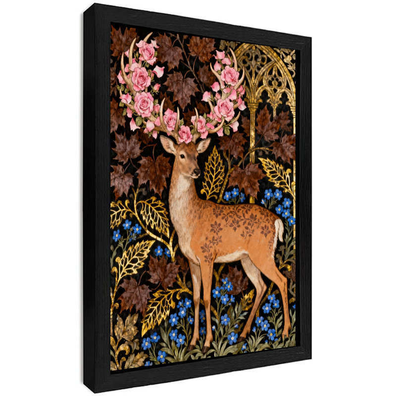 Art mural rétro noir avec encadrement noir William Morris, cerf blanc, H 11 po x l 9 po