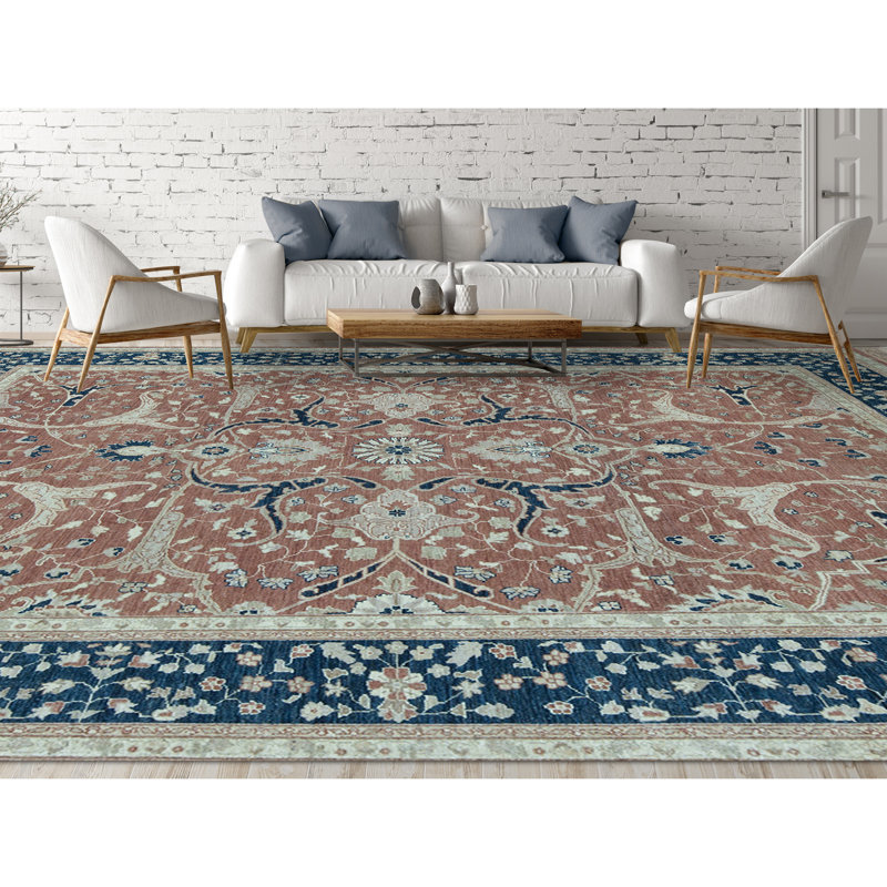 Hand-Knotted High-Quality Rust and Blue Area Rug