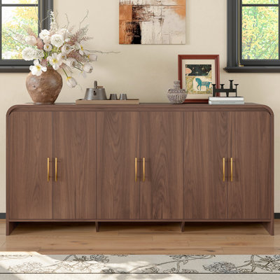 71" Large Sideboard Buffet Cabinet with Storage, Modern Arch Kitchen Credenza with 6 Doors, Wooden Curved Coffee Bar for Dining Room Living Room, Walnut