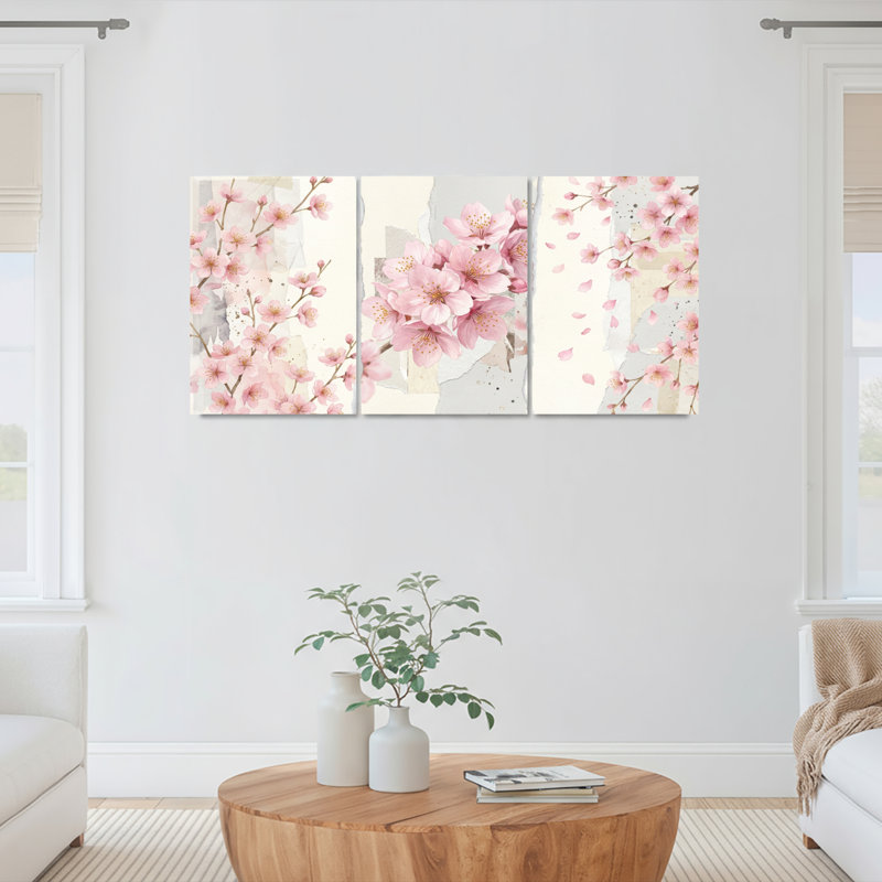 Ensemble de 3 tableaux sur toile à motif floral de fleurs de cerisier, pour la décoration du salon et de la chambre.