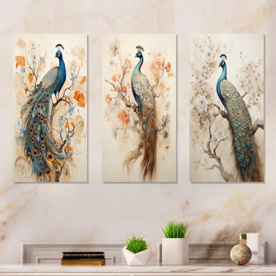 Vintage Fantasy Peacock In Enchanted Flowers - Peacock Metal Art Print Set Of 3