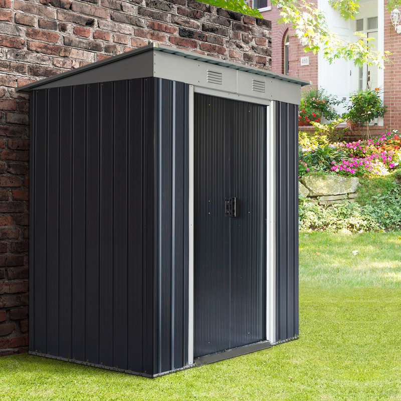 Metal Lean To Garden Shed, Outdoor Storage Shed, Garden Tool House With Double Sliding Doors, 2 Air Vents For Backyard, Patio