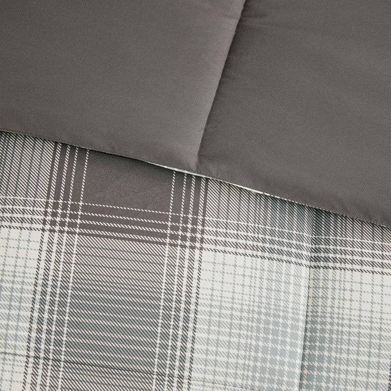 Édredon double avec duvet synthétique - bourre imprimée à carreaux gris et 2 taies décoratives assorties lavables à la machine