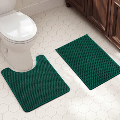 Bath Mat Set 3 Piece,Non Slip Quick Dry Soft Absorbent Thin Low Pile Bathroom Mats, Washable Bath Rugs 3 Pc: 16x24, 20x30 Rug & Toilet Mat 20x24 in. Dark Green